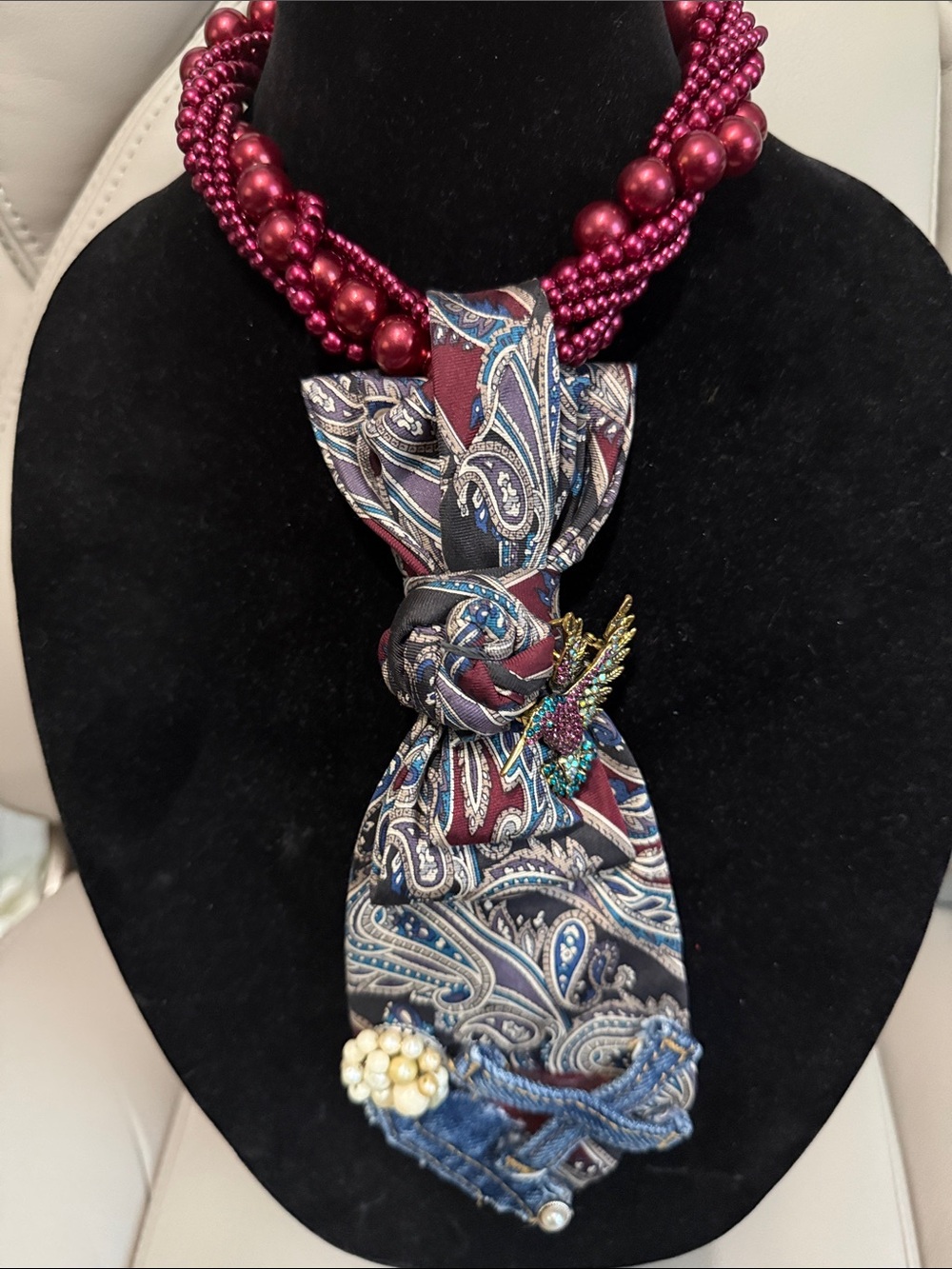 Women’s Burgundy Beaded Scarf Necklace with Paisley Accent